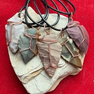 One Copper-Wrapped Arrowhead Pendant, Natural Multi-Colored stone & simple cord